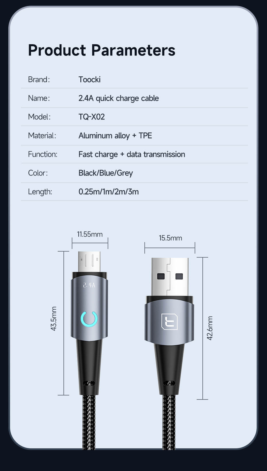 Кабель Toocki Micro USB 12W 2.4A (1м)