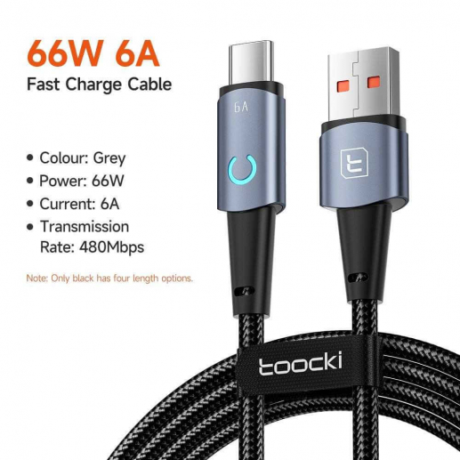 Cable Toocki USB Type-C PD66W 6A (1m) fast charging